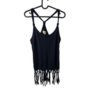 VTG Y2K Hollister Womens Small Navy Blue Cami Tank Top Fringe Hem T-Back Boho